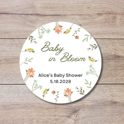 Baby In Bloom Wildflower Personalized Baby Shower Stickers, Thank You for Showering Party Gift Labels
