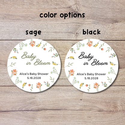 Baby In Bloom Wildflower Personalized Baby Shower Stickers, Thank You for Showering Party Gift Labels