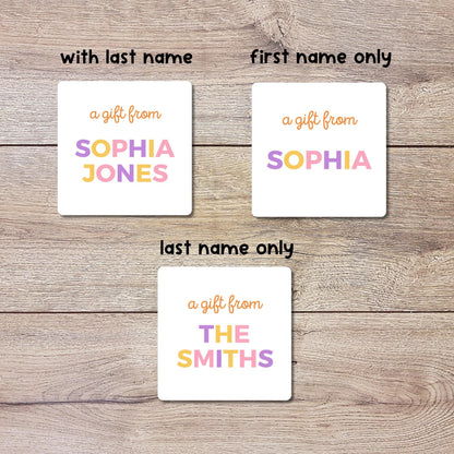 Personalized A Gift From Birthday Cupcake Square Stickers, Custom Kids Party Favor Teacher Gift Bags Labels