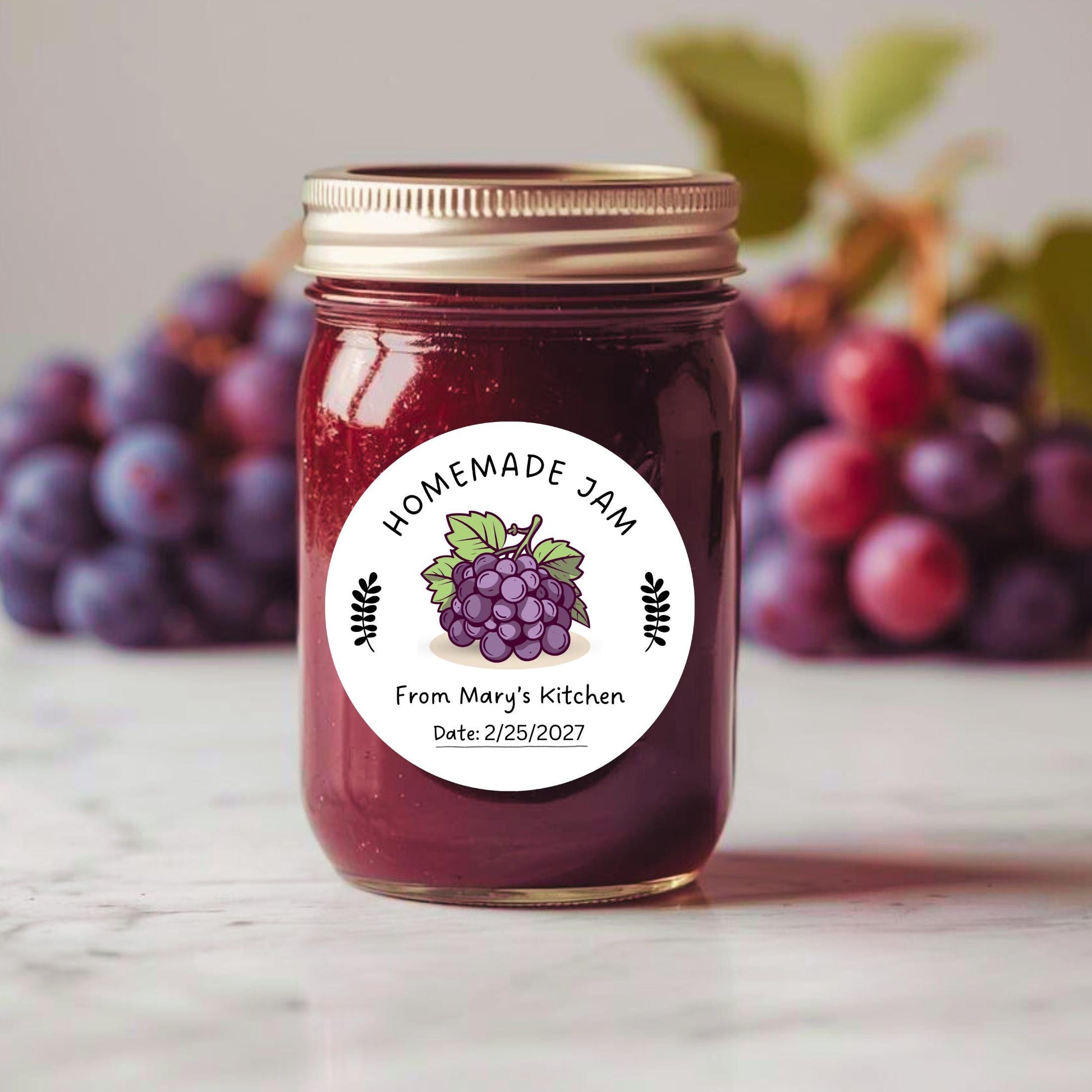Personalized Grape Jam Jelly Stickers, Custom Homemade Fruit Canning with Date Line Labels