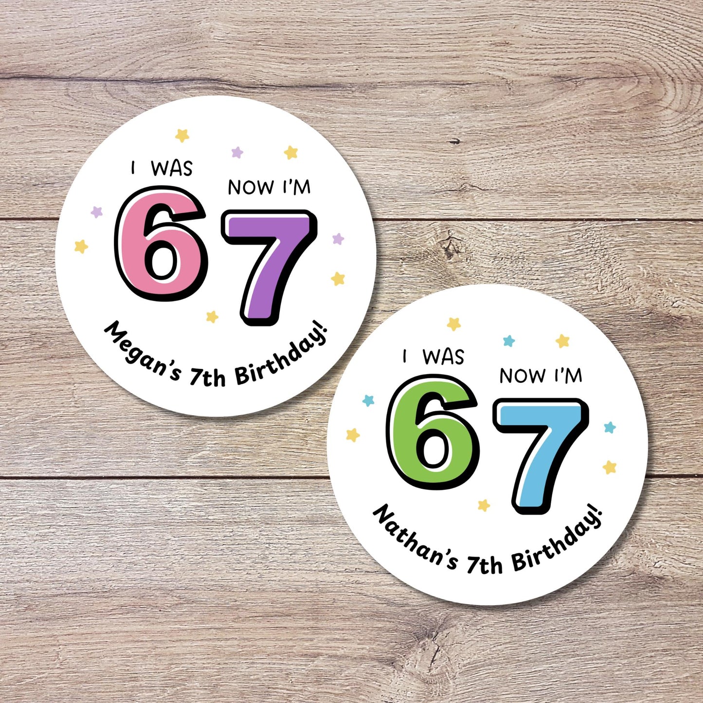 Personalized 6 7 Birthday Sticker, Custom 7th Birthday Party Favor Gift Bag Labels