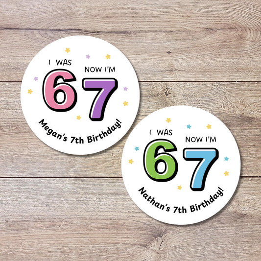 Personalized 6 7 Birthday Sticker, Custom 7th Birthday Party Favor Gift Bag Labels