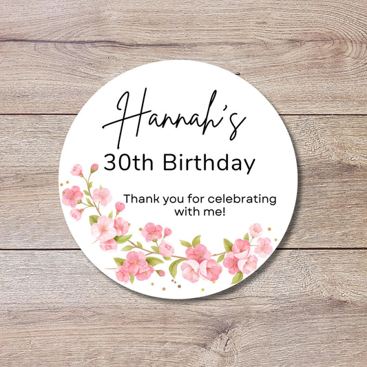 Personalized Pink Floral Birthday Sticker, Custom Party Celebration for Any Age Gift Bag Labels