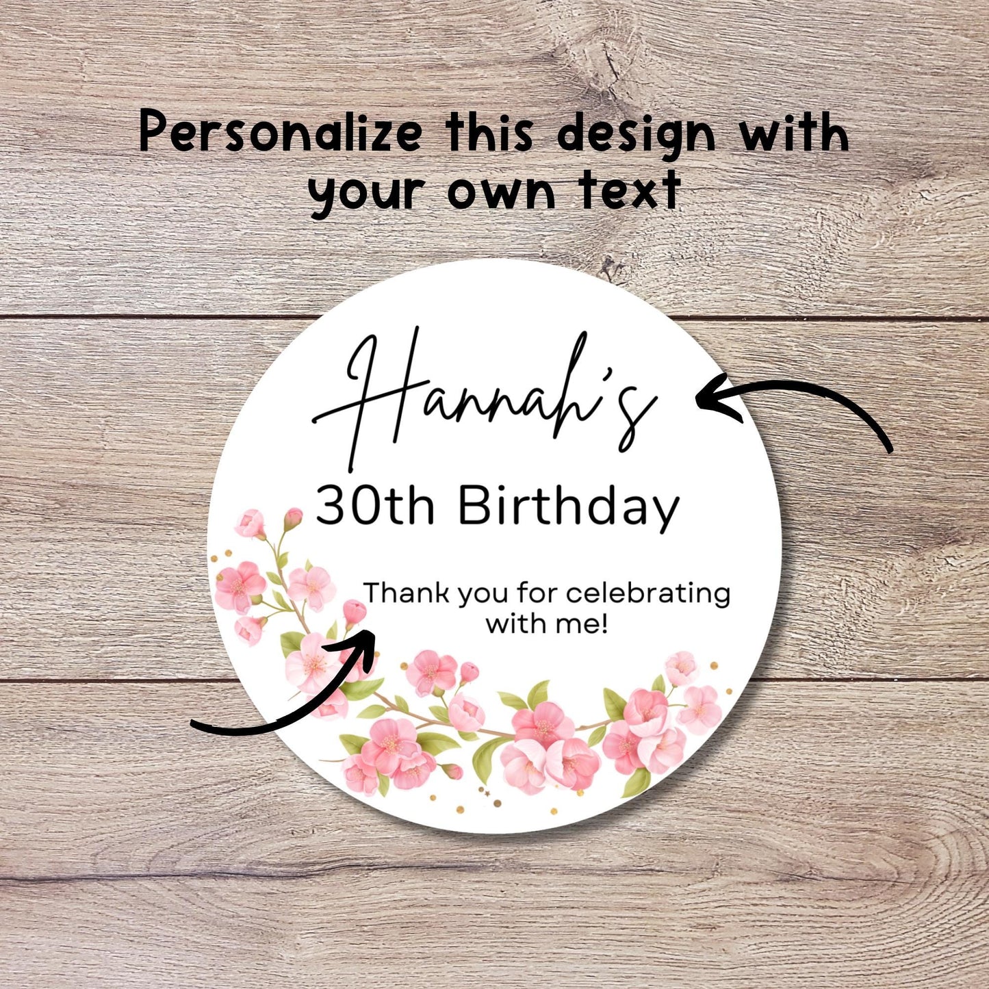 Personalized Pink Floral Birthday Sticker, Custom Party Celebration for Any Age Gift Bag Labels