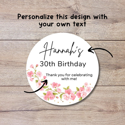 Personalized Pink Floral Birthday Sticker, Custom Party Celebration for Any Age Gift Bag Labels