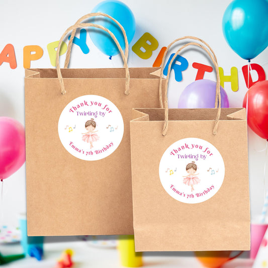 Personalized Thank You for Twirling by Ballet Dance Birthday Stickers, Custom Party Favor Gift Bags Labels