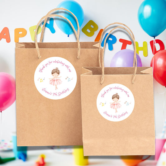 Personalized Ballerina Birthday Stickers, Custom Ballet Dance Party Favor Gift Bags Labels