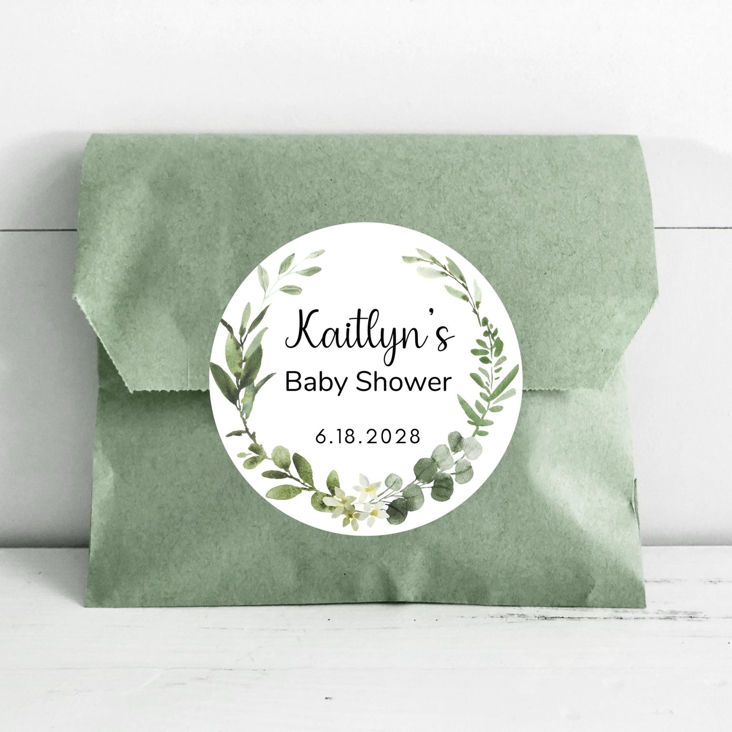 Personalized Watercolor Greenery Eucalyptus Wreath Baby Shower Stickers, Thank You Party Gift Labels
