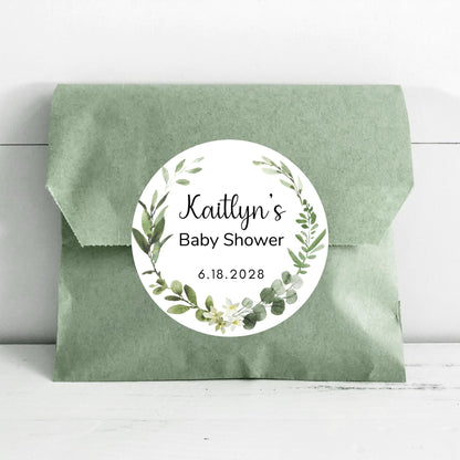 Personalized Watercolor Greenery Eucalyptus Wreath Baby Shower Stickers, Thank You Party Gift Labels