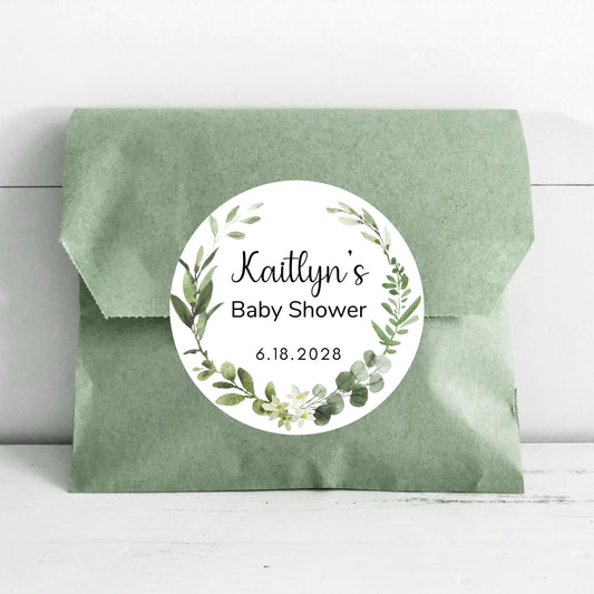 Personalized Watercolor Greenery Eucalyptus Wreath Baby Shower Stickers, Thank You Party Gift Labels
