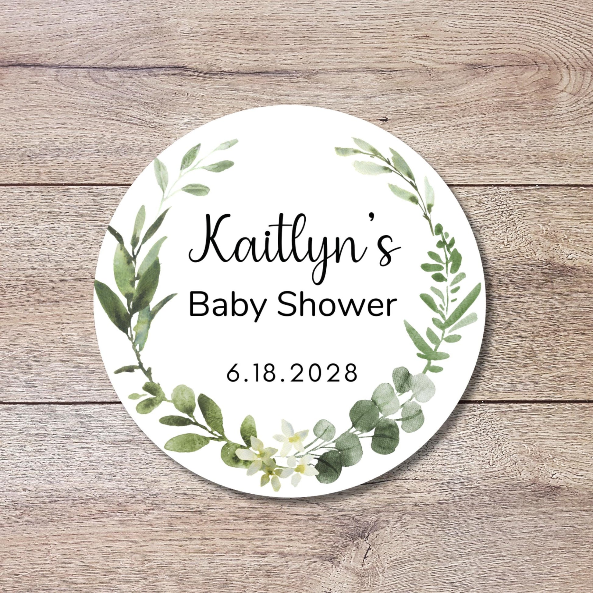 Personalized Watercolor Greenery Eucalyptus Wreath Baby Shower Stickers, Thank You Party Gift Labels