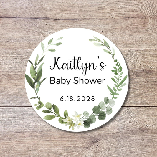 Personalized Watercolor Greenery Eucalyptus Wreath Baby Shower Stickers, Thank You Party Gift Labels