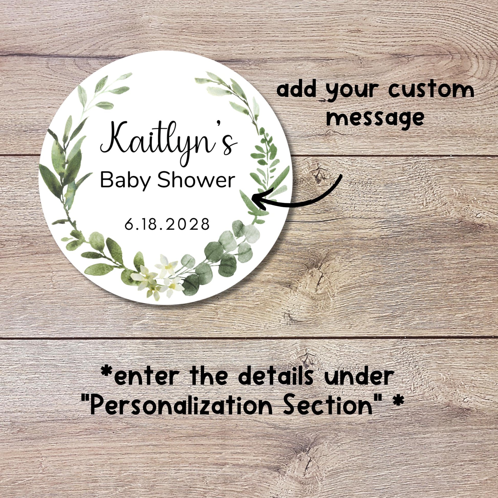 Personalized Watercolor Greenery Eucalyptus Wreath Baby Shower Stickers, Thank You Party Gift Labels