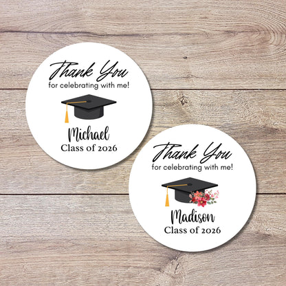 Graduation Thank You Stickers, Personalized Floral Happy Graduation Party Favor Gift Bag Labels
