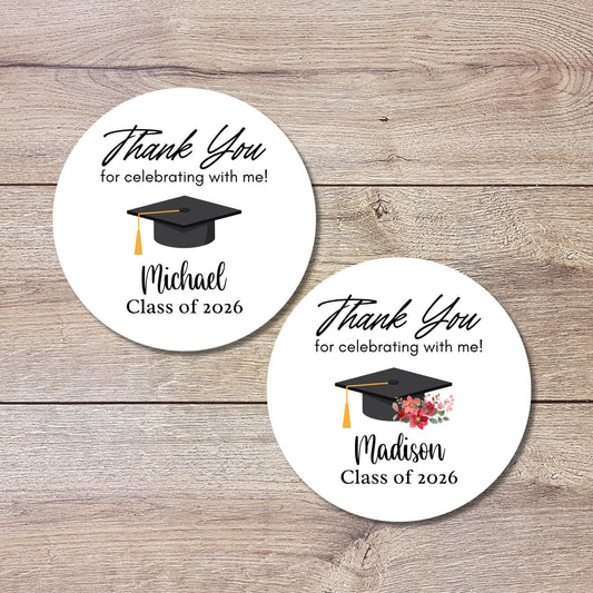 Graduation Thank You Stickers, Personalized Floral Happy Graduation Party Favor Gift Bag Labels