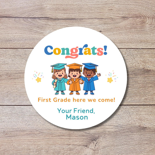 Personalized Congrats Preschool Kindergarten Elementary Promotion Graduation Stickers, Last Day of School Labels