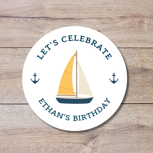 Personalized Nautical Sailboat Theme Birthday Stickers, Custom Kids Party Favor Gift Bags Labels