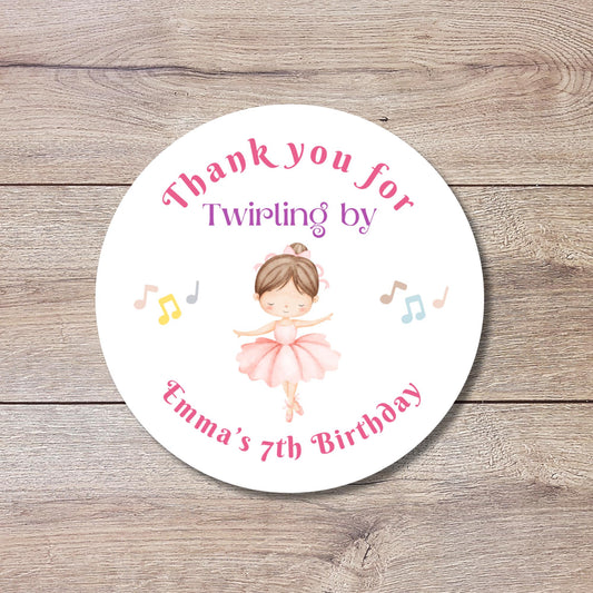 Personalized Thank You for Twirling by Ballet Dance Birthday Stickers, Custom Party Favor Gift Bags Labels