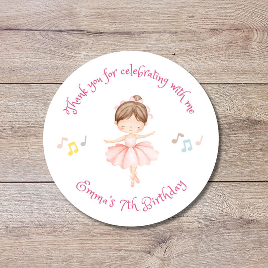 Personalized Ballerina Birthday Stickers, Custom Ballet Dance Party Favor Gift Bags Labels