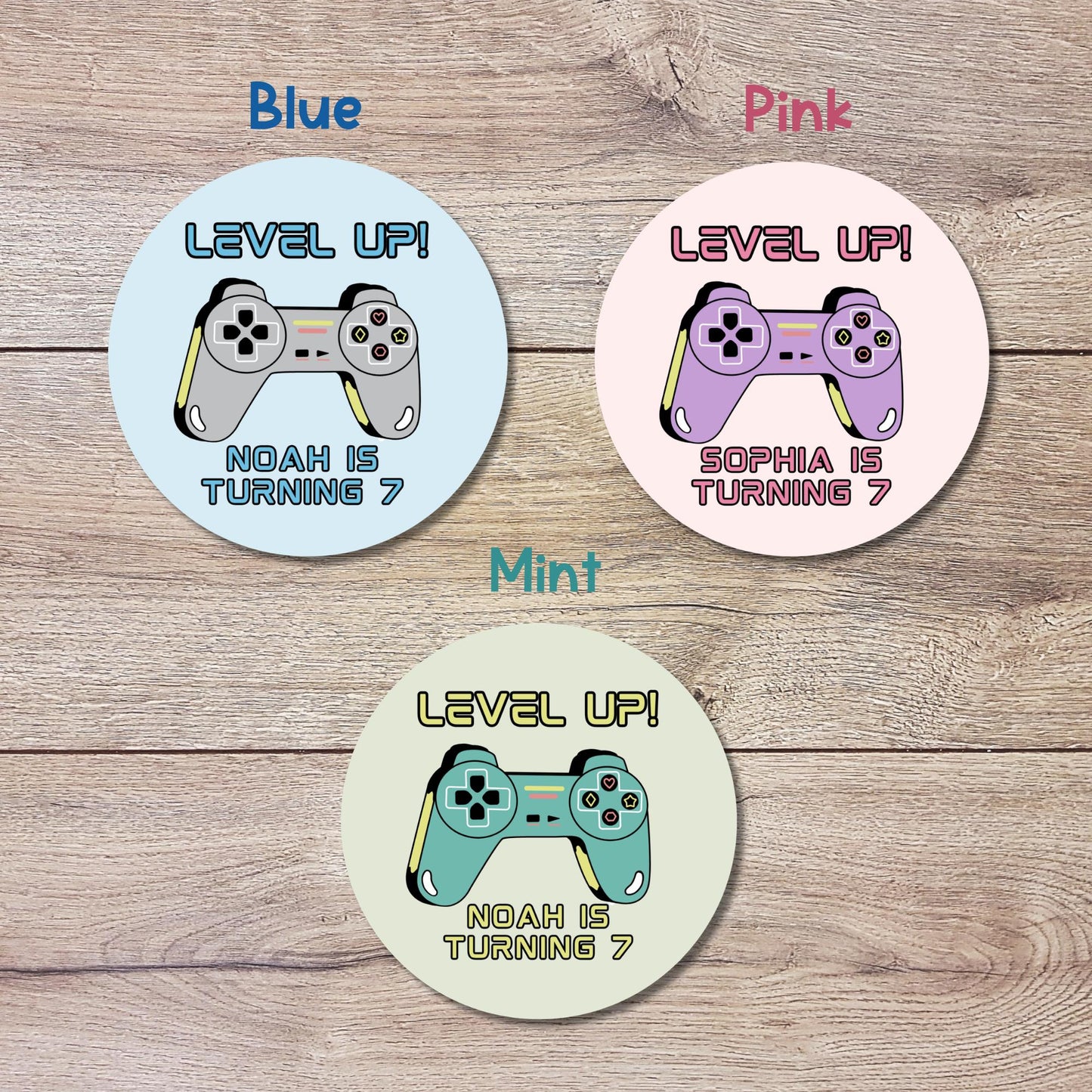 Personalized Level Up Gaming Birthday Stickers, Kids Custom Party Favor Gift Bag Labels