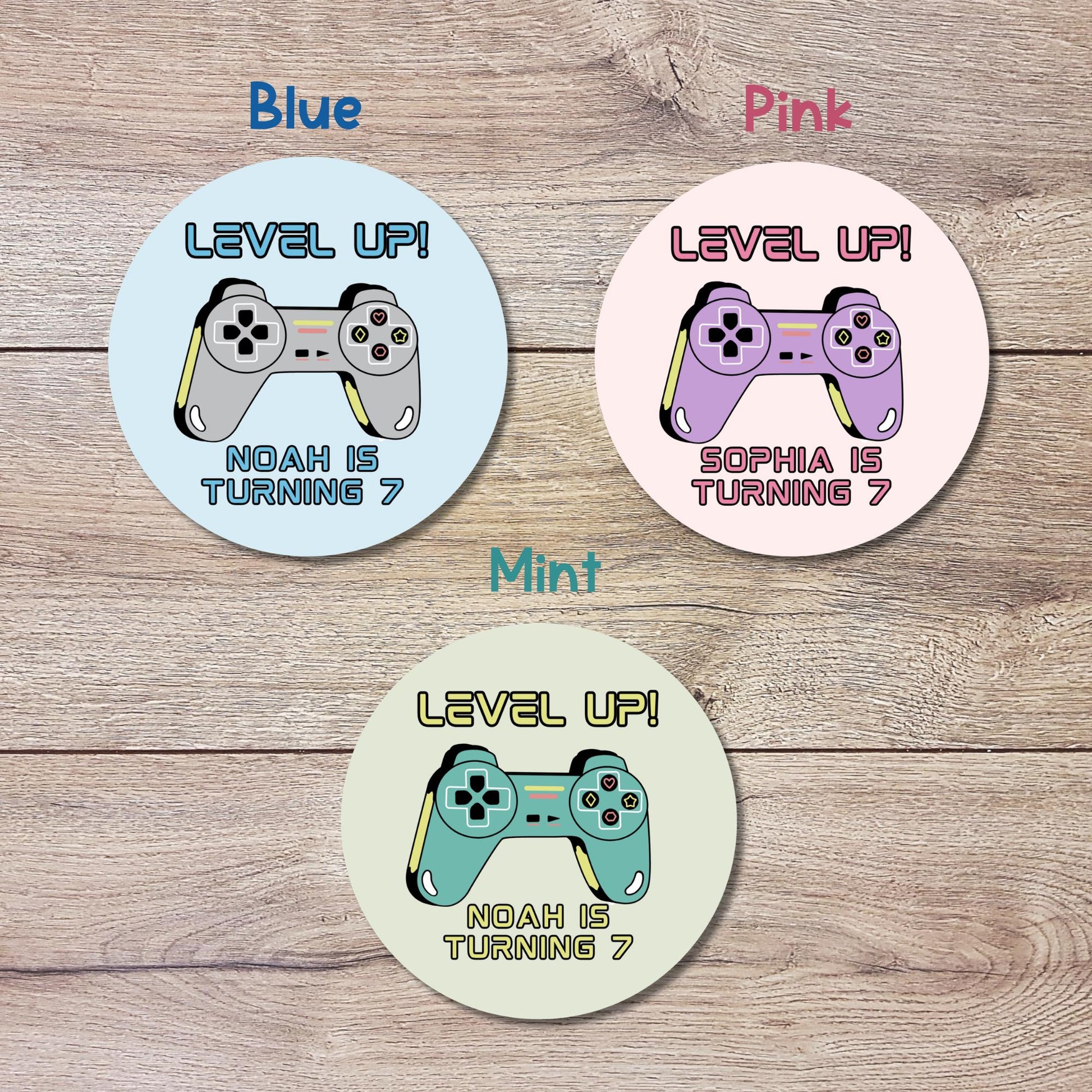 Personalized Level Up Gaming Birthday Stickers, Kids Custom Party Favor Gift Bag Labels