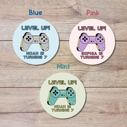 Personalized Level Up Gaming Birthday Stickers, Kids Custom Party Favor Gift Bag Labels