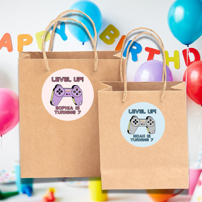 Personalized Level Up Gaming Birthday Stickers, Kids Custom Party Favor Gift Bag Labels