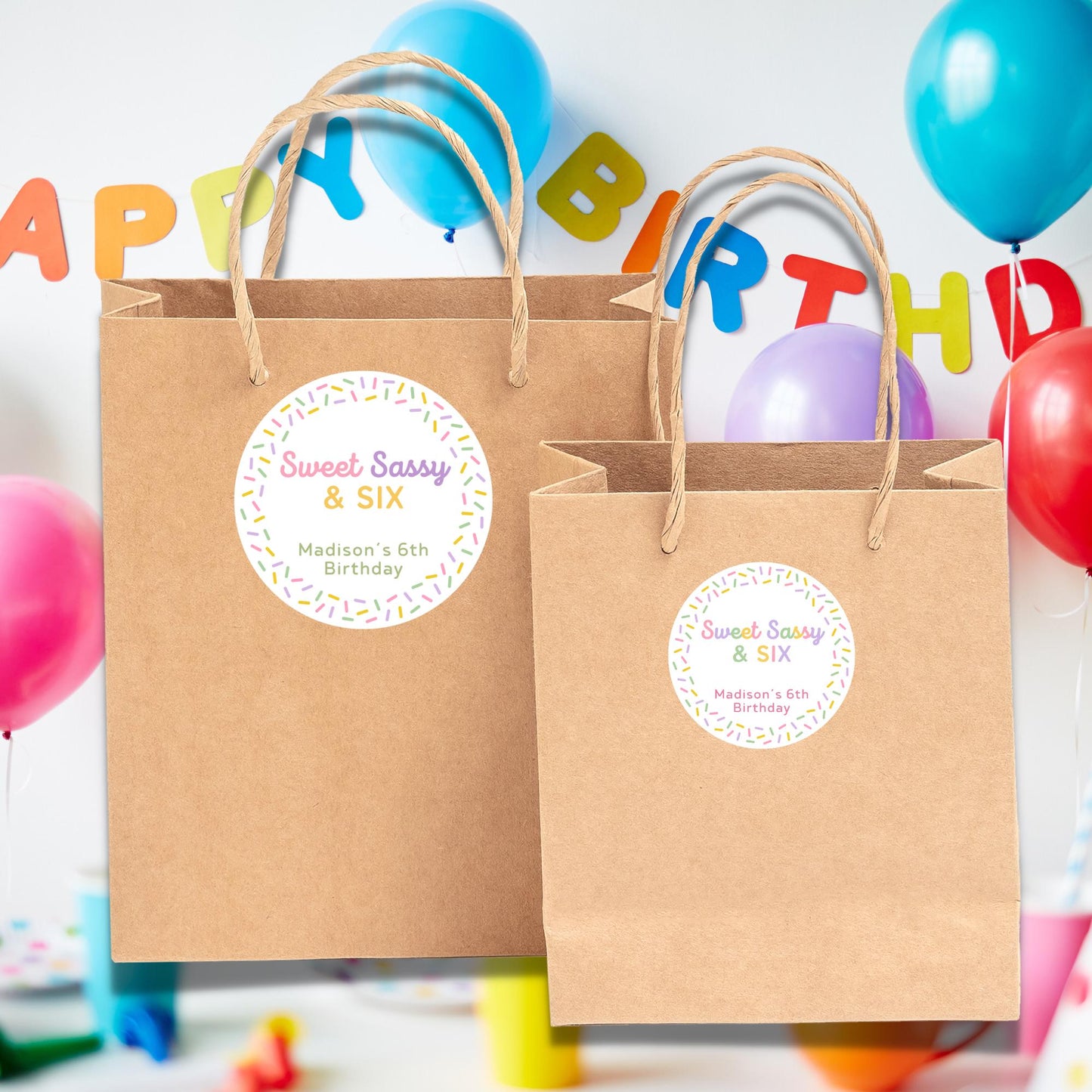 Personalized Sweet Sassy and Six Birthday Stickers, Kids Custom Party Favor Gift Bag Labels