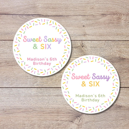 Personalized Sweet Sassy and Six Birthday Stickers, Kids Custom Party Favor Gift Bag Labels