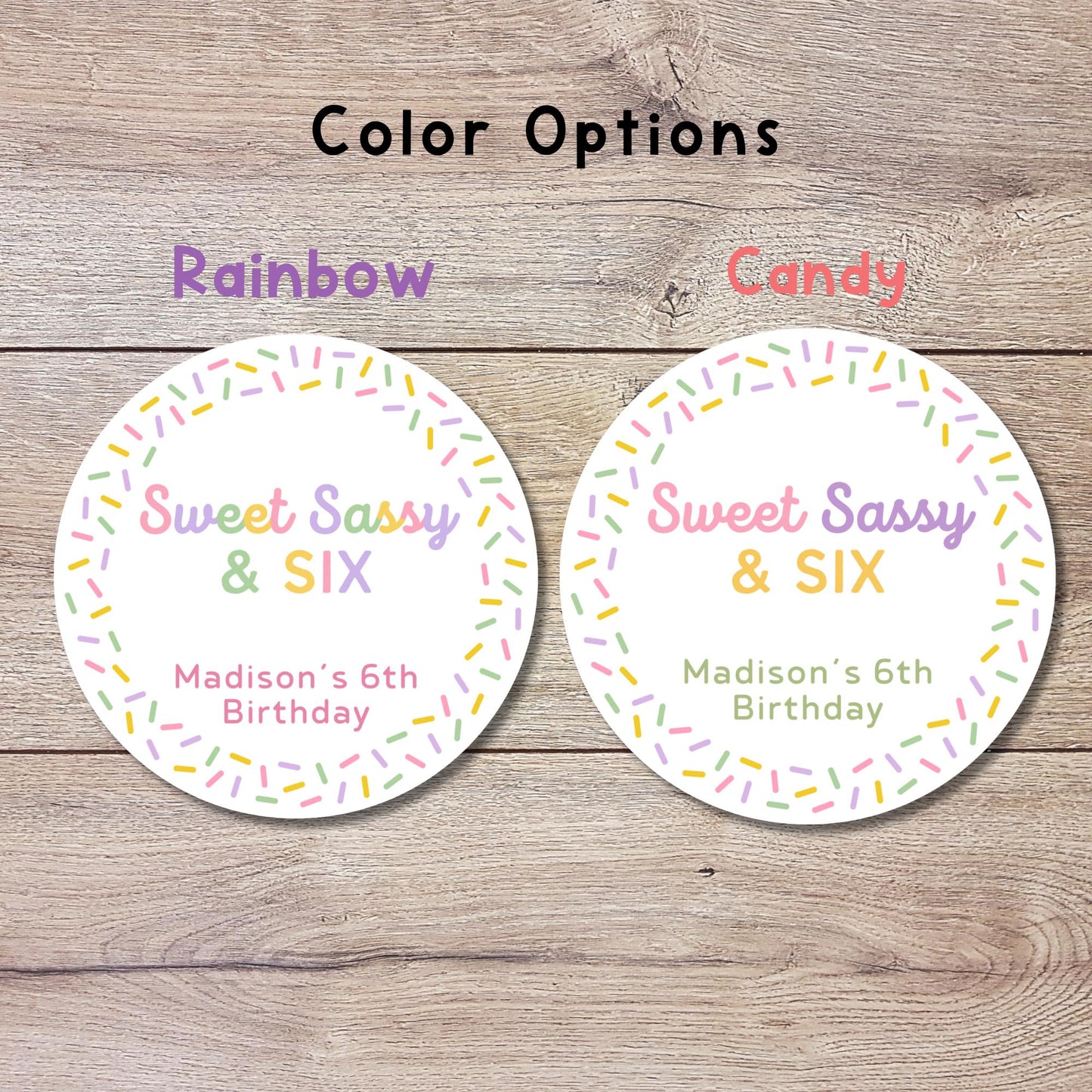 Personalized Sweet Sassy and Six Birthday Stickers, Kids Custom Party Favor Gift Bag Labels