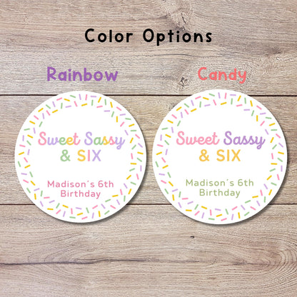 Personalized Sweet Sassy and Six Birthday Stickers, Kids Custom Party Favor Gift Bag Labels