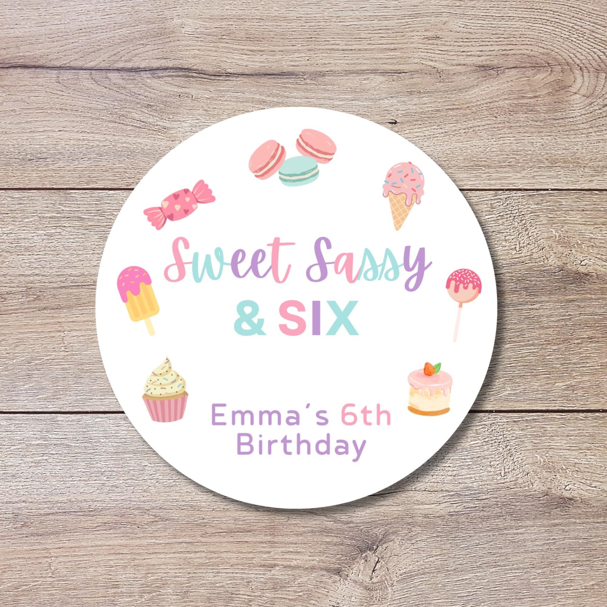 Personalized Sweet Sassy and Six Birthday Stickers, Kids Custom Party Favor Gift Bag Labels