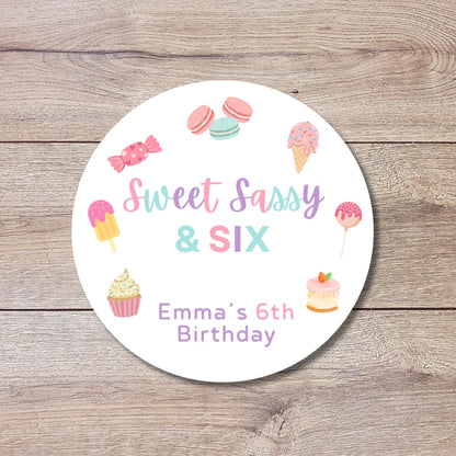 Personalized Sweet Sassy and Six Birthday Stickers, Kids Custom Party Favor Gift Bag Labels