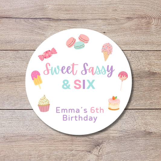 Personalized Sweet Sassy and Six Birthday Stickers, Kids Custom Party Favor Gift Bag Labels