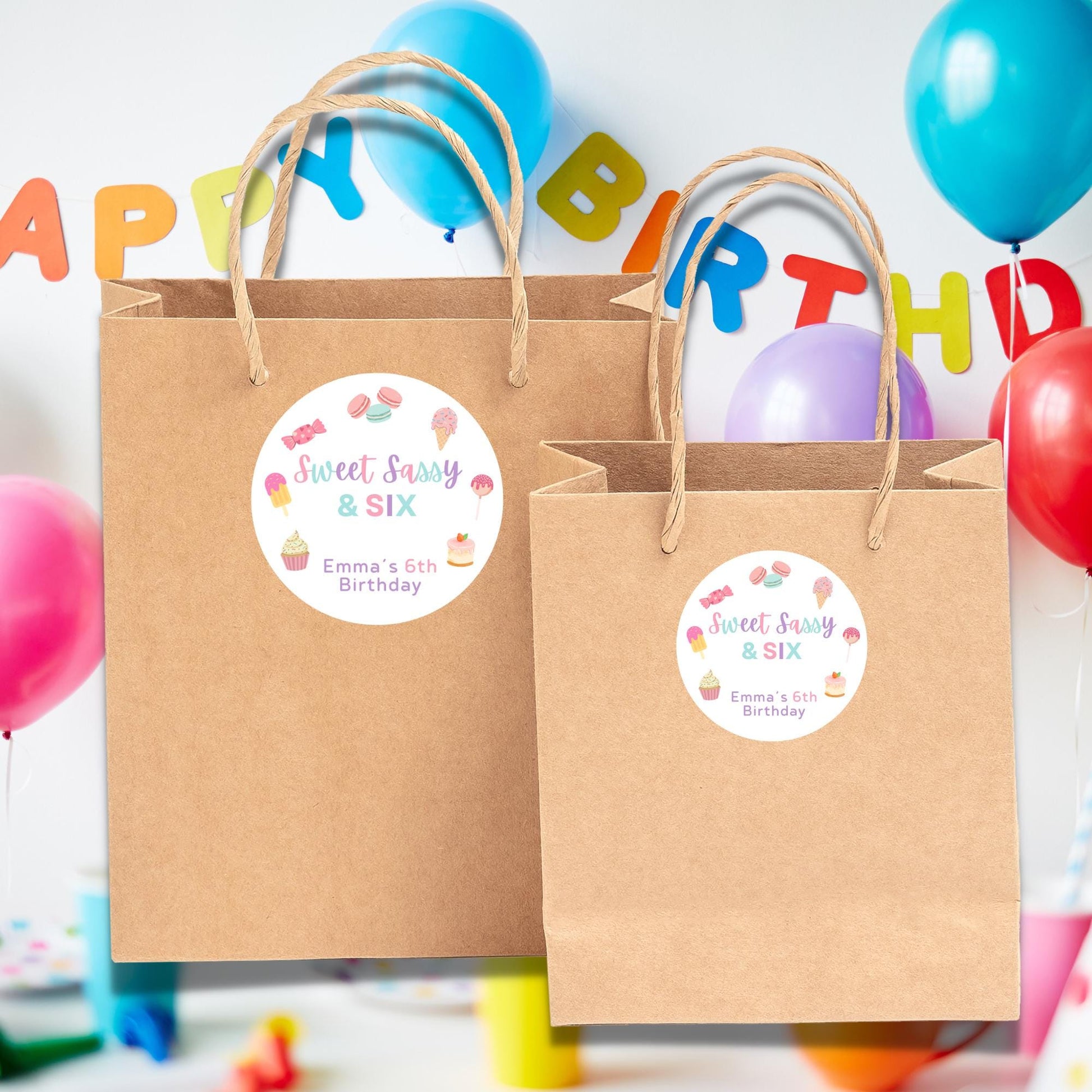 Personalized Sweet Sassy and Six Birthday Stickers, Kids Custom Party Favor Gift Bag Labels