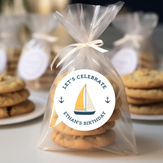 Personalized Nautical Sailboat Theme Birthday Stickers, Custom Kids Party Favor Gift Bags Labels
