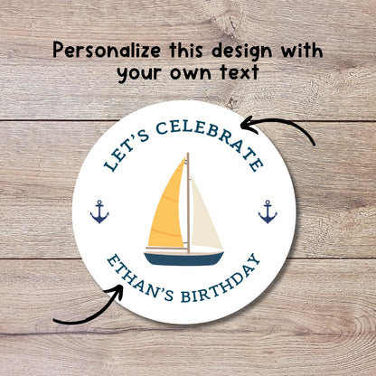 Personalized Nautical Sailboat Theme Birthday Stickers, Custom Kids Party Favor Gift Bags Labels