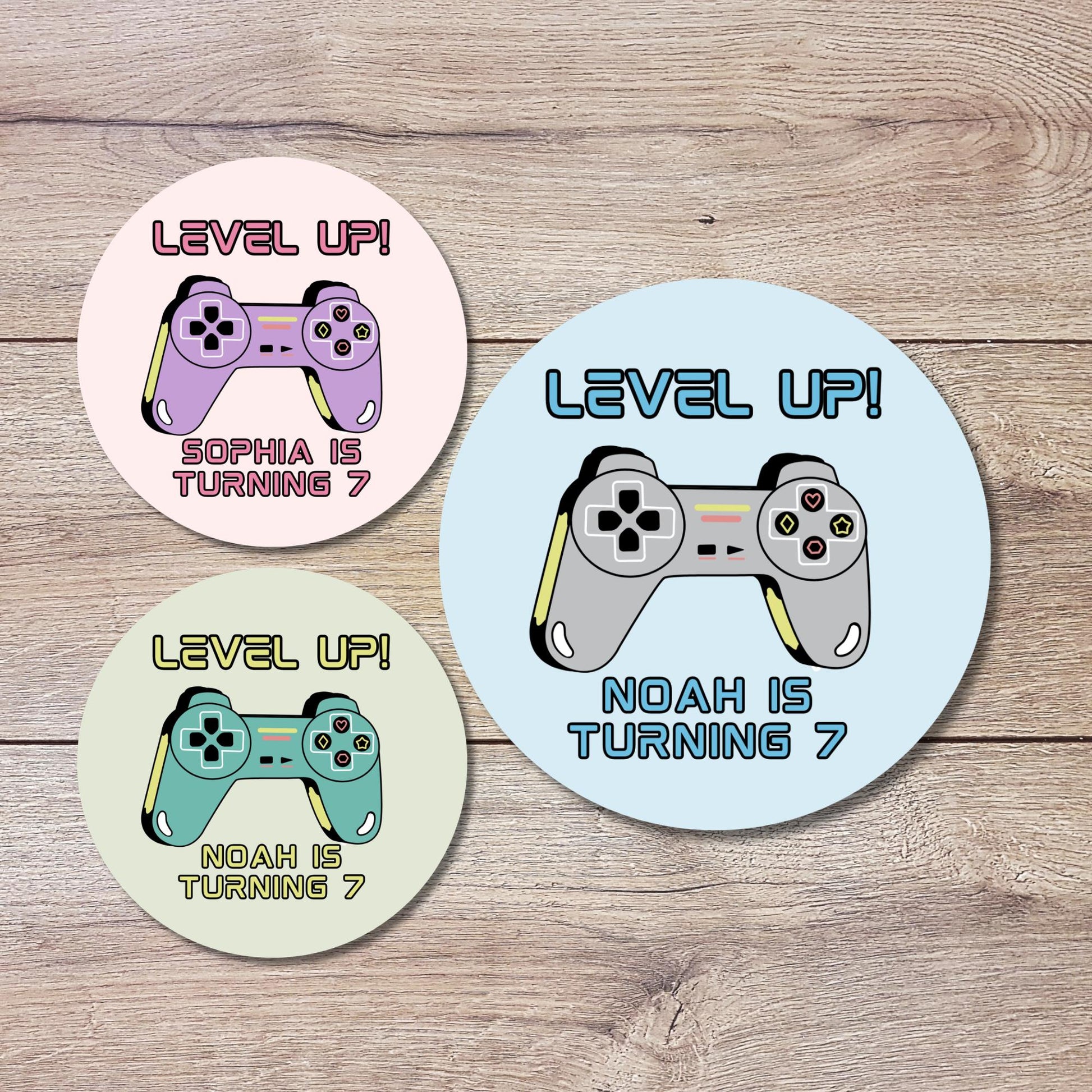 Personalized Level Up Gaming Birthday Stickers, Kids Custom Party Favor Gift Bag Labels