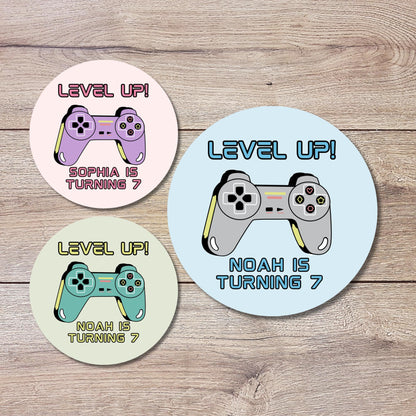 Personalized Level Up Gaming Birthday Stickers, Kids Custom Party Favor Gift Bag Labels