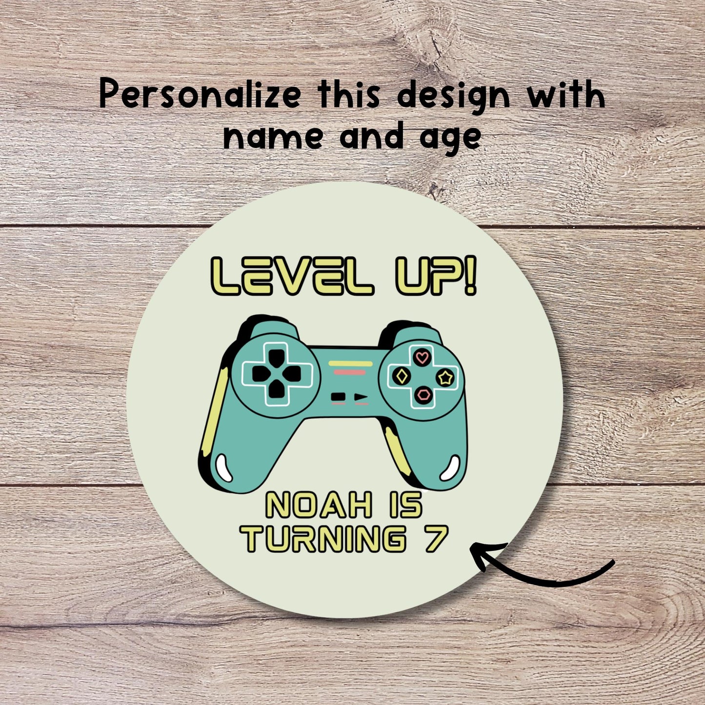 Personalized Level Up Gaming Birthday Stickers, Kids Custom Party Favor Gift Bag Labels