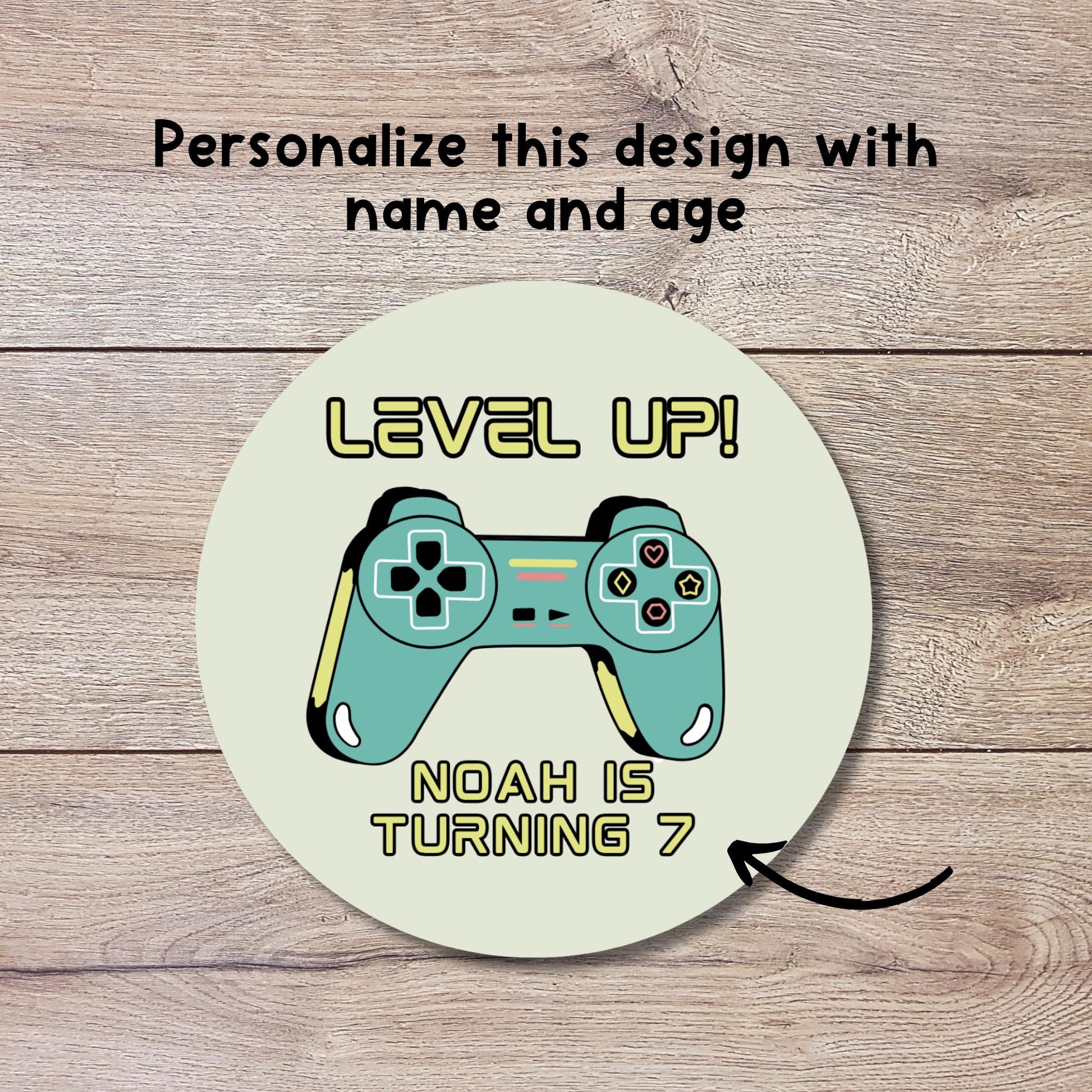 Personalized Level Up Gaming Birthday Stickers, Kids Custom Party Favor Gift Bag Labels