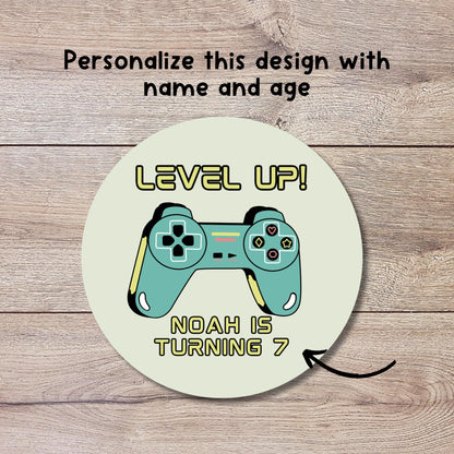 Personalized Level Up Gaming Birthday Stickers, Kids Custom Party Favor Gift Bag Labels