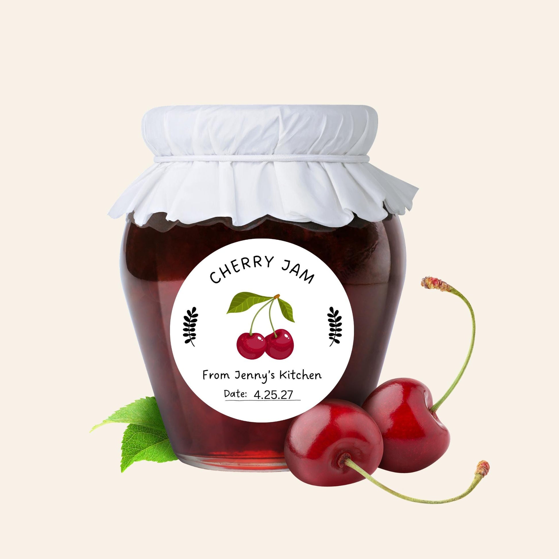 Personalized Cherry Jam Jelly Stickers, Custom Fruit Preserves Canning with Date Line Labels