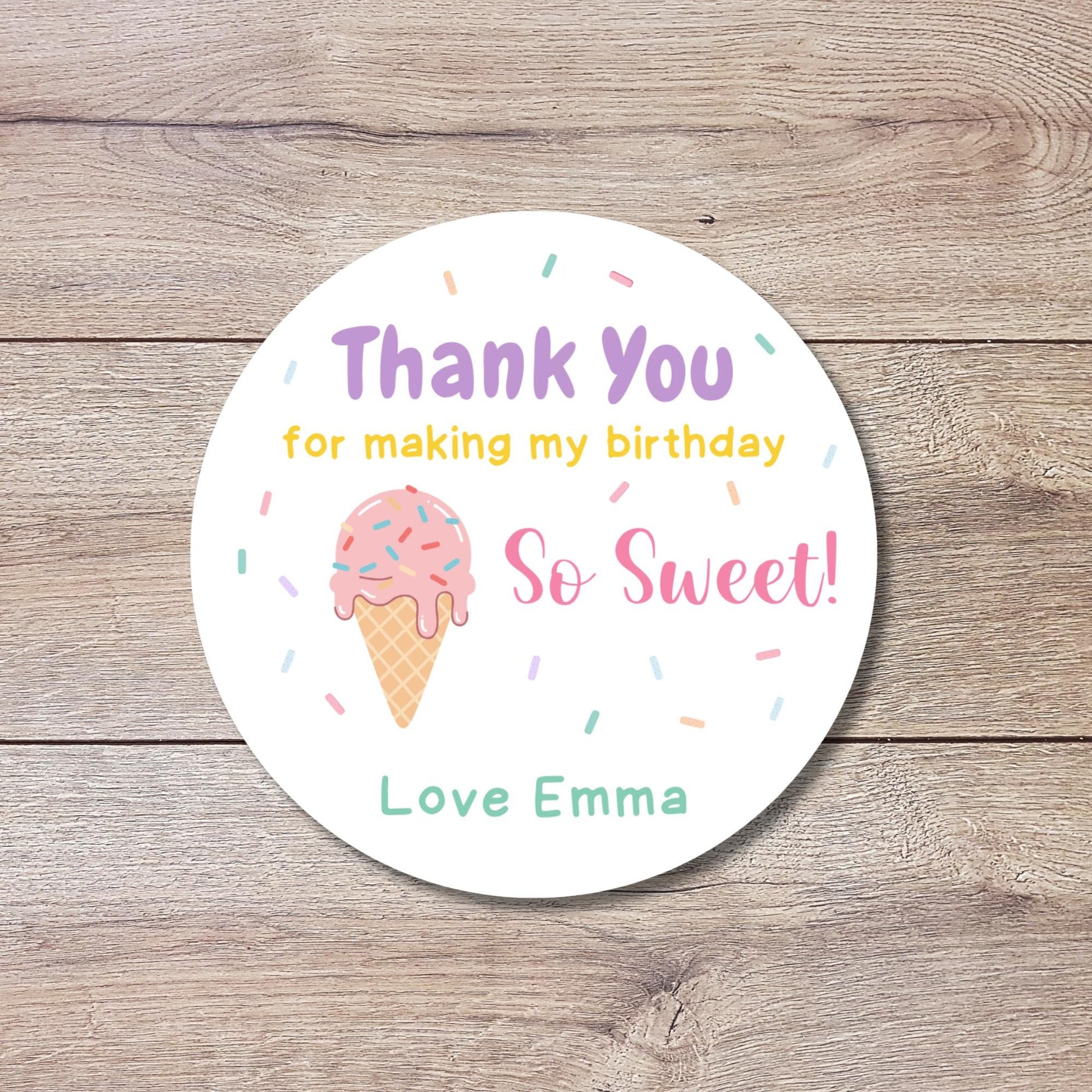Personalized Thank You So Sweet Birthday Stickers, Kids Custom Party Favor Gift Bag Labels
