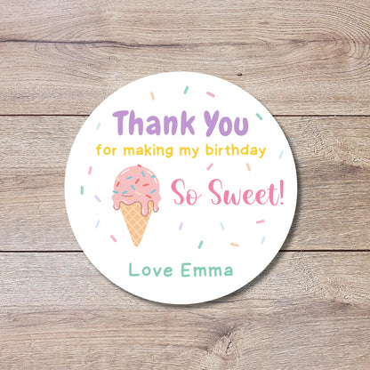 Personalized Thank You So Sweet Birthday Stickers, Kids Custom Party Favor Gift Bag Labels