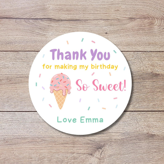 Personalized Thank You So Sweet Birthday Stickers, Kids Custom Party Favor Gift Bag Labels