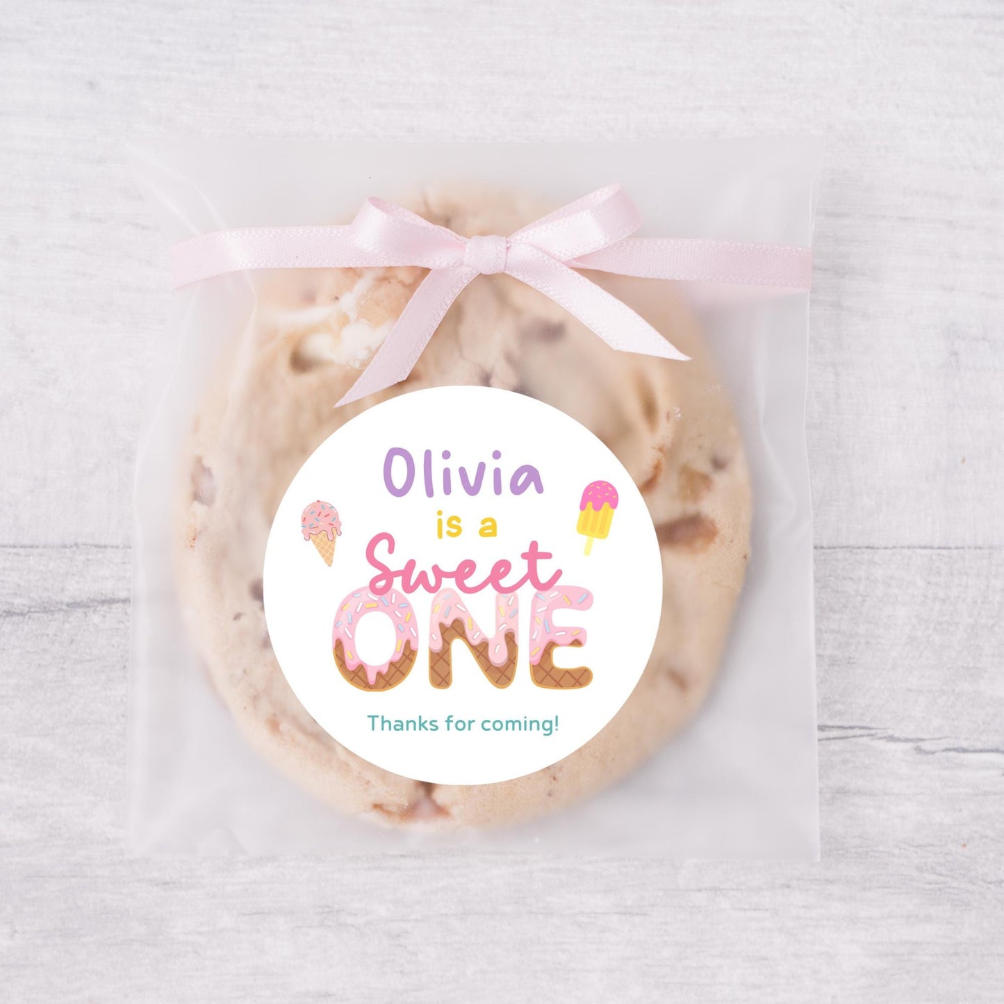 Personalized Sweet One Ice Cream FIrst Birthday Stickers, Kids Custom Party Favor Gift Bag Labels