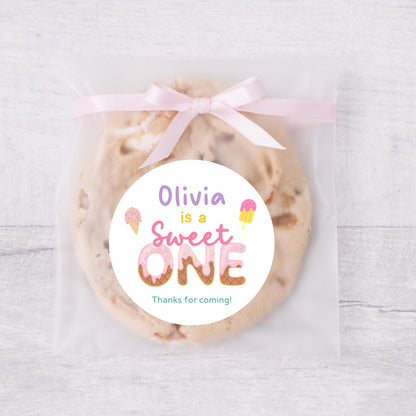 Personalized Sweet One Ice Cream FIrst Birthday Stickers, Kids Custom Party Favor Gift Bag Labels