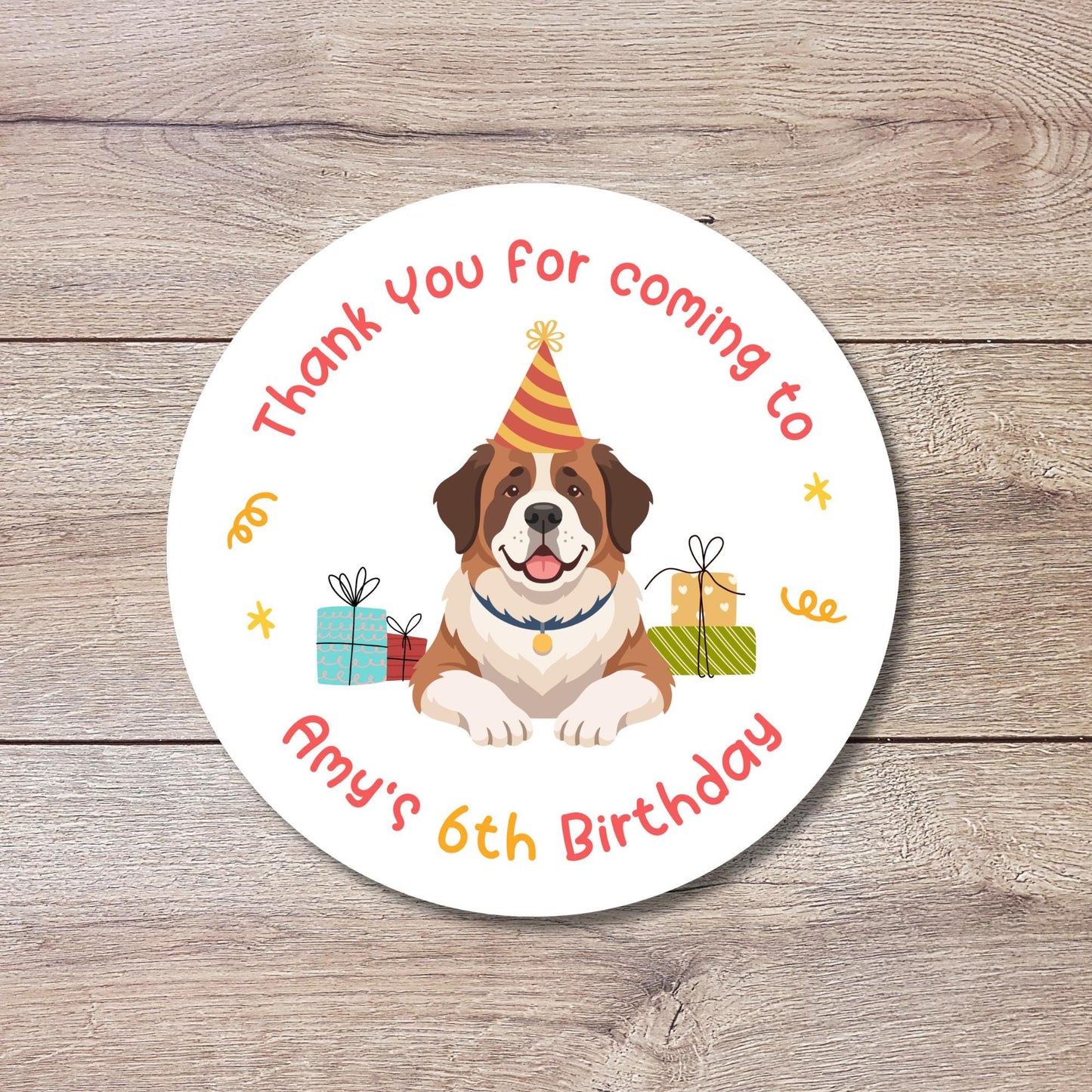 Personalized Saint Bernard Dog Stickers, Custom Kids Animal Pawty Party Favor Gift Bags Labels