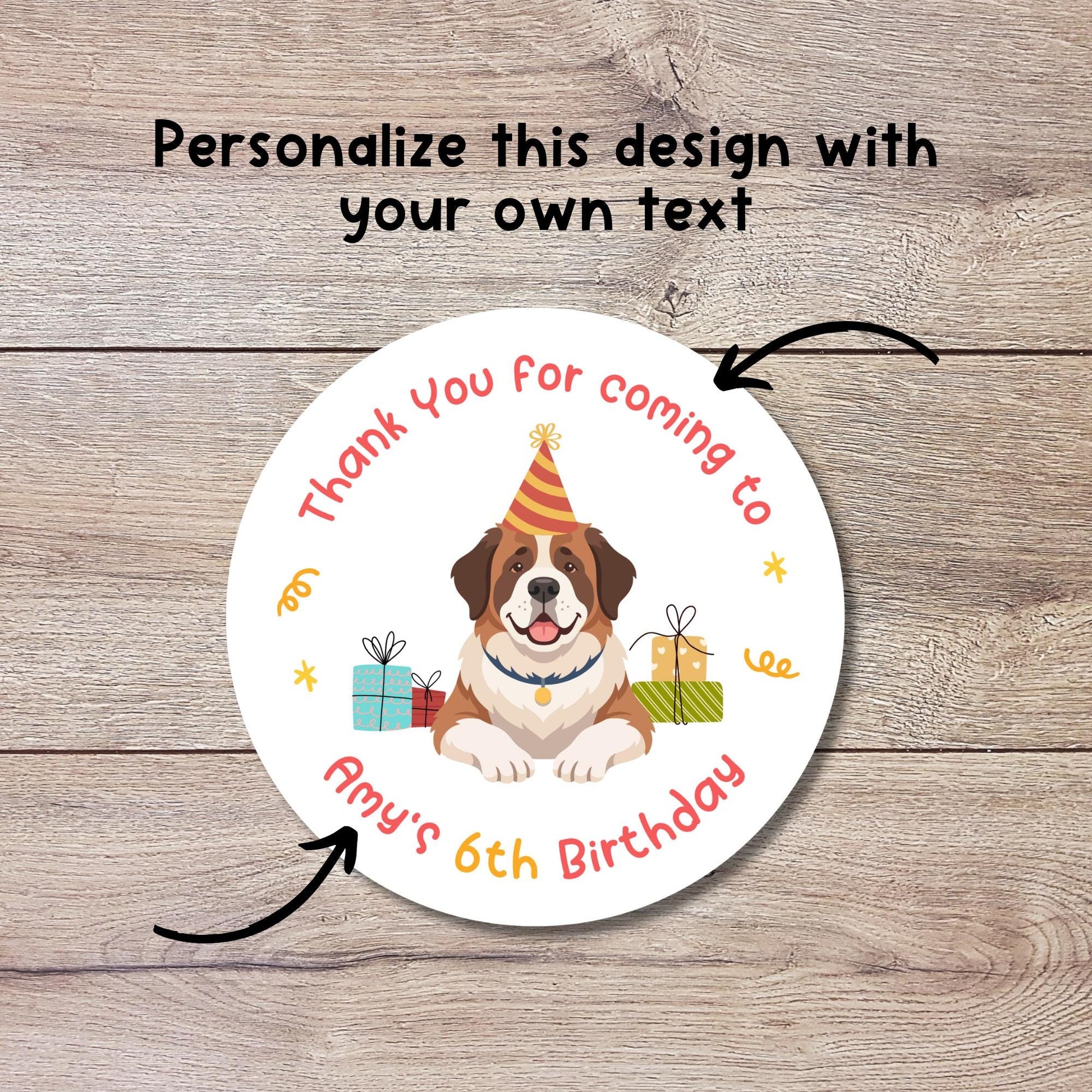 Personalized Saint Bernard Dog Stickers, Custom Kids Animal Pawty Party Favor Gift Bags Labels